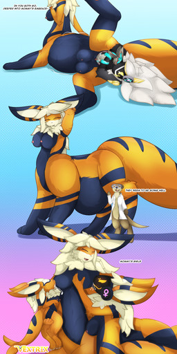 anthro breastfeeding female fur group lying machine male mature_female milk orange_body orange_fur pregnant teats unbirthing vaginal vore vextrix arc_vap exornan avali mammal mustelid otter protogen taur absurd_res hi_res