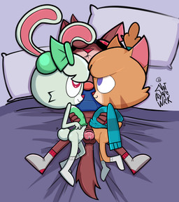 3_fingers accessory anthro anthro_on_anthro arm_around_partner bed bedding bellyjob bent_leg big_butt big_ears big_eyes big_penis big_pupils biped bird's-eye_view bite biting_lip biting_own_lip blue_clothing blue_eyes blue_hoodie blue_sweater blue_topwear bodily_fluids bottomless bottomless_anthro bottomless_female bottomless_male bow_(feature) bow_ribbon brown_ears brown_penis brown_stripes brown_tail butt cheek_tuft closed_smile clothed clothed_sex clothing collaborative collaborative_bellyjob collaborative_sex collar_tag countershade_face countershade_fur countershading cum cum_on_penis cum_on_tail curved_ears dress ear_piercing ear_ring erection eyewear facial_markings facial_tuft fangs female ffm ffm_threesome fingerless_gloves fingers flat_chested footwear fur fur_tuft furniture genital_fluids genitals glans glistening glistening_butt glistening_tail gloves goggles green_body green_bow green_ears green_fur green_tail grey_bedding group group_sex hair_accessory hair_bow hair_ribbon handwear head_markings head_on_pillow head_tuft high-angle_view hoodie hug humanoid_genitalia humanoid_hands humanoid_penis interspecies intraspecies iris light_body light_fur loli looking_at_another looking_at_partner looking_pleasured looking_up looking_up_at_another looking_up_at_partner lying lying_on_bed male male/female markings motion_lines motion_outline mouth_closed multicolored_body multicolored_clothing multicolored_dress multicolored_footwear multicolored_fur multicolored_socks no_pupils notched_ear on_back on_bed orgasm orgasm_face penis piercing pillow pink_glans pink_inner_ear plantigrade pointy_ears prick_ears pseudo_hair pupils raised_clothing raised_dress raised_sweater raised_topwear red_clothing red_eyes red_fingerless_gloves red_gloves red_handwear red_nose ribbons ring_piercing scut_tail self_bite sex short_tail shota smile snout socks striped_body striped_face striped_fur stripes sweater tail tan_body tan_ears tan_fur teeth text threesome topwear trio tuft two_tone_body two_tone_clothing two_tone_dress two_tone_footwear two_tone_fur two_tone_socks vein veiny_penis white_body white_clothing white_countershading white_footwear white_fur white_pillow white_pupils white_sclera white_socks young young_anthro young_female young_male young_on_young notsafeatwrk murphy_and_mitzi bimmy_(ajmarekart) bunny_(ajmarekart) murphy_(ajmarekart) domestic_cat felid feline felis lagomorph leporid mammal pantherine rabbit tiger 2026 absurd_res artist_name digital_drawing_(artwork) digital_media_(artwork) hi_res cousins_(lore) incest_(lore)