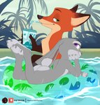 anthro beverage butt casual_nudity countershading drinking duo eyebrows eyelashes feet female fingers fur green_eyes grey_body grey_fur inflatable long_ears male mystic_spring_oasis nude orange_body orange_fur purple_eyes scut_tail short_tail smile tail toes water nerton disney zootopia judy_hopps nick_wilde canid canine fox lagomorph leporid mammal rabbit red_fox true_fox 2021 absurd_res digital_media_(artwork) hi_res