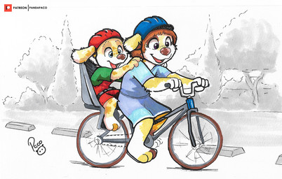 anthro armor barefoot bicycle bicycle_helmet blue_bottomwear blue_clothing blue_eyes blue_shirt blue_shorts blue_t-shirt blue_topwear bottomwear brown_eyes brown_hair clothing duo eyelashes feet female female_anthro floppy_ears glistening glistening_eyes green_clothing green_shirt green_t-shirt green_topwear hair happy headgear helmet logo male male_anthro overalls plant red_clothing red_overalls shirt shorts t-shirt topwear tree vehicle young young_anthro young_male pandapaco canid canine canis domestic_dog mammal artist_logo signature