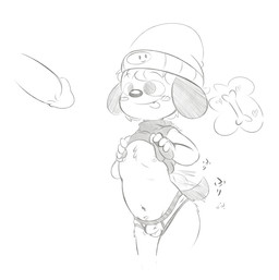 anthro briefs bulge clothing genitals happy male male/male navel nipples penis presenting_nipples tail tail_motion tailwag text tongue tongue_out underwear kentobi parappa_the_rapper sony_corporation sony_interactive_entertainment parappa canid canine mammal 2025 black_and_white hi_res japanese_text monochrome portrait sketch