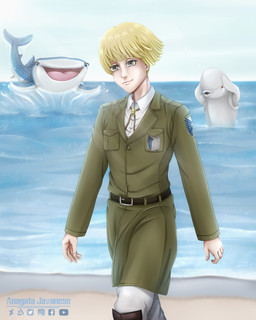 beach blonde_hair blue_body blue_eyes clothing female feral group hair male military_uniform open_mouth sea spots tongue trio uniform water white_body white_spots anagatajavanese attack_on_titan disney finding_dory finding_nemo pixar bailey_(finding_dory) destiny_(finding_dory) aquatic beluga carpet_shark cetacean fish human mammal monodontid shark toothed_whale whale_shark 2021 absurd_res hi_res