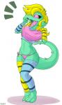 2016 absurd_res alligator alligatorid anthro black_eyes blonde_hair bratty_(undertale) clothed clothing conditional_dnp crocodilian female hair hi_res legwear lipstick long_hair makeup midriff open_mouth panties pattern_clothing pattern_legwear pink_sclera poncho pupils reptile scalie simple_background skoon slit_pupils solo striped_clothing striped_legwear stripes tail tongue undertale undertale_(series) underwear white_background wide_hipped_female wide_hips