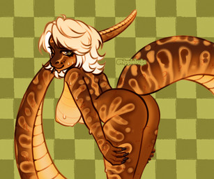 anthro big_breasts big_butt blonde_hair bodily_fluids breasts butt claws eyelashes female green_eyes hair looking_back markings medium_hair nipples non-mammal_breasts non-mammal_nipples nude presenting presenting_hindquarters scales smile solo sweat tail thick_thighs ventral_scales wide_hips hippiebugs reptile scalie snake 6:5 colored digital_drawing_(artwork) digital_media_(artwork) hi_res signature