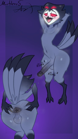anthro anus arm_tuft armpit_fetish armpit_musk aroused backsack balls beak belly bent_over big_butt big_penis black_body black_feathers blush bodily_fluids breath butt cheek_tuft dripping elbow_tuft erection facial_tuft feather_markings feathers femboy front_view genital_fluids genitals glistening glistening_anus glistening_balls glistening_body glistening_butt glistening_eyelids glistening_eyes glistening_feathers glistening_genitalia glistening_hair glistening_legs glistening_penis glistening_thighs glowing glowing_eyes gradient_background gradient_body gradient_feathers gradient_hair grey_belly grey_body grey_butt grey_feathers hair hand_on_butt hands_behind_head huge_butt knee_tuft leaking_precum leg_tuft long_penis looking_at_viewer male markings markings_on_body multicolored_body multicolored_feathers multicolored_tail musk musky_anus musky_armpit musky_balls musky_body musky_butt musky_penis navel no_pupils onomatopoeia penis pink_tongue pose precum precum_drip precum_string presenting presenting_balls presenting_hindquarters presenting_penis purple_background rear_view red_eyes shoulder_tuft simple_background skinny slim slim_anthro slim_male small_waist smile smiling_at_viewer solo sound_effects spread_anus spread_butt spreading standing steam steamy_breath sweat sweatdrop sweaty_anus sweaty_balls sweaty_body sweaty_butt sweaty_genitalia sweaty_legs sweaty_thighs tail tail_feathers tail_markings tall text thick_thighs thigh_tuft throbbing throbbing_penis tongue tuft wide_hips conditional_dnp marbleous hellaverse helluva_boss stolas_(helluva_boss) avian bird demon owl owl_demon 9:16 hi_res