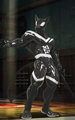 5_fingers abs anthro biceps black_body blurred_background bodysuit broad_shoulders bulge calf_muscles clothing depth_of_field detailed_bulge digitigrade dual_wielding erection erection_under_clothing fingers floor forearm_muscles genital_outline glistening glistening_body glistening_clothing holding_melee_weapon holding_object holding_sword holding_weapon inside latex latex_bodysuit latex_clothing latex_skinsuit light light_beam long_tail low-angle_view male markings melee_weapon muscular muscular_anthro muscular_male paws pecs penis_outline quads rug serratus skinsuit solo spikes standing sword sword_rack symbiote_host tail tight_clothing weapon white_eyes white_markings wood wood_floor cxcxxcxxxx g00da teenage_mutant_ninja_turtles master_splinter brown_rat mammal murid murine rat rodent symbiote absurd_res detailed digital_media_(artwork) hi_res shaded