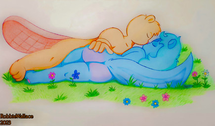 anthro blue_body butt duo eyes_closed female flower grass_field kissing male male/female orange_body pink_butt plant simple_background touching_butt robbiewallace happy_tree_friends handy_(htf) petunia_(htf) beaver mammal mephitid rodent skunk absurd_res hi_res traditional_media_(artwork)