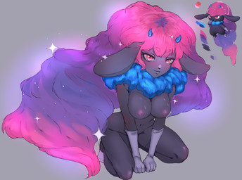 anthro big_breasts breasts clothing ears_down female glistening glistening_body gloves hair handwear horn kneeling long_hair palmorph pivoted_ears red_eyes solo hurmachan palworld pocketpair daedream pal_(species) absurd_res hi_res