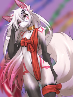 anthro biped breasts clothed clothed_anthro clothed_female clothing collar female front_view fur gloves_(marking) gold_(metal) gold_collar hair leg_markings looking_at_viewer markings metal_collar navel red_markings ribbons socks_(marking) solo standing tail white_body white_fur white_hair tinygaypirate luna_voss canid canine fox mammal 2025 3:4 digital_drawing_(artwork) digital_media_(artwork) hi_res