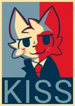 :3 anthro bedroom_eyes blush blush_lines border cheek_tuft chest_tuft clothed clothing facial_tuft fuzzy head_tuft looking_at_viewer male narrowed_eyes necktie poster propaganda propaganda_poster seductive smile solo suit suit_jacket text topwear tuft yellow_border dwunny1 boy_kisser_(meme) silly_cat_(mauzymice) felid feline mammal absurd_res hi_res meme