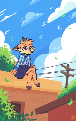 2_toes accessory aircraft airplane anthro barefoot bottomwear clothing cloud cloven_hooves feet female hooves moon necktie shirt sitting skirt sky solo toes topwear vehicle jayrnski maple_(jayrnski) deer mammal hi_res