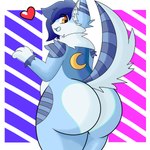 anthro big_butt blue_body blue_hair butt butt_heart cresent_moon_(marking) femboy fur fur_markings hair happy heart_symbol male markings simple_background solo thick_thighs toony azzyjackal canid canine canis jackal mammal 1:1 2021 absurd_res hi_res