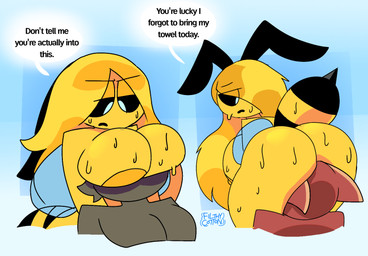 ambiguous_gender annoyed antennae_(anatomy) anthro anthrofied big_breasts big_butt black_sclera blonde_hair blue_background breasts butt dialogue face_in_ass face_in_breasts female group hair insect_wings male male/female nipples nude nude_anthro nude_female simple_background stinger text thick_thighs trio unimpressed wet wet_body white_eyes wings yellow_body yellow_nipples filthycottonart unfortu-nate beatrice_(unfortu-nate) arthropod bee hymenopteran insect 2024 digital_media_(artwork) english_text