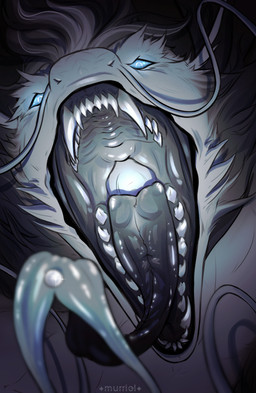 ambiguous_gender barbel_(anatomy) bioluminescence black_body black_fur black_tongue blue_eyes detailed_mouth fangs feral flesh_whiskers forked_tongue fur gaping_mouth glowing glowing_throat long_tongue looking_at_viewer mouth_shot multicolored_body multicolored_fur open_mouth piercing presenting_mouth sharp_teeth solo teeth throat tongue tongue_piercing two_tone_body two_tone_fur white_body white_fur murriel mythology siwang_zhi_she_(zessique) dragon eastern_dragon mythological_creature mythological_scalie scalie better_version_at_paywall hi_res watermark