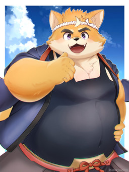 accessory anthro black_clothing black_shirt black_topwear clothing eyebrows fangs gesture hand_gesture hands_on_hips headband looking_at_viewer male open_mouth pointing pointing_at_self shirt sky sleeveless_shirt slightly_chubby smile solo teeth thick_eyebrows thumbs_up topwear twitter_handle daiwahouse0105 tamacolle musashi_(tamacolle) canid canine canis domestic_dog mammal shiba_inu spitz 3:4 hi_res