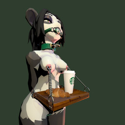 ball_gag bdsm bondage bound chain chained collar female gag gauged_nipple linked_nipples linked_piercing nipple_chain nipple_piercing nipple_ring nipple_ring_pull nipple_tray nipples piercing piercing_bondage ring_piercing service_slave serving_tray slave solo pandannsfw starbucks pandan_(pandannsfw) bear giant_panda mammal 1:1 3d_(artwork) digital_media_(artwork) hi_res