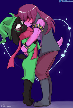 anthro duo female kissing love male male/female romantic ship vehicle watercraft caliluminos deltarune undertale_(series) ralsei susie_(deltarune) bovid caprine darkner goat mammal monster reptile scalie hi_res