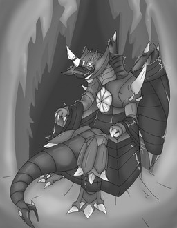 3_toes anthro barefoot bdsm bondage bound captured cave chair chair_bondage digitigrade feet furniture gag male muzzle_(object) nude restrained restraints sitting solo submissive submissive_male tail tape toes rhubin godzilla_(series) mythology toho destoroyah dragon kaiju mythological_creature mythological_scalie reptile scalie hi_res monochrome