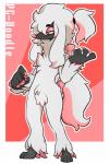 2:3 anthro anthrofied canid canine casey_(starthemutts) claws fur furfrou generation_6_pokemon male mammal nintendo pc-doodle pink_background pink_eyes pokemon pokemon_(species) pokemorph simple_background solo white_body white_fur
