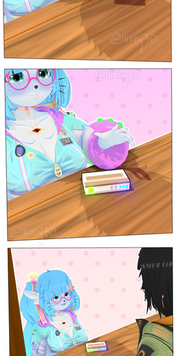 anthro black_hair blue_hair blush blush_lines button_pin clothing duo eyewear fangs female glasses green_eyes hair happy hoodie jacket jewelry male male/female necklace neon_lights pawpads payment simple_background technology teeth text topwear wearing_glasses whiskers white_body white_skin hibby3d voices_of_the_void ayli_(hibby3d) dr._kel ariral 3d_(artwork) absurd_res digital_media_(artwork) hi_res