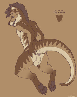 4_toes 5_fingers anthro anus backsack balls bedroom_eyes black_eyebrows black_eyes brown_body brown_fur brown_markings butt butt_grab claws digitigrade eyebrows feet finger_claws fingers fur fur_markings genitals grey_anus grey_claws grey_hair grey_nose grey_pawpads hair half-closed_eyes hand_on_butt hand_on_own_butt kneeling long_tail looking_at_viewer looking_back looking_back_at_viewer male male_anthro markings multicolored_body multicolored_fur narrowed_eyes nude nude_anthro nude_male open_mouth open_smile pawpads presenting presenting_anus presenting_hindquarters pupils raised_tail seductive simple_background smile smiling_at_viewer solo spread_butt spreading tail tail_anus tail_markings tan_background tan_body tan_fur tan_markings teeth text thick_tail three-quarter_view toe_claws toes whisker_spots white_body white_fur white_inner_ear white_markings white_pupils white_sclera evalion dasyuromorph mammal marsupial recently_extinct_species thylacine english_text full-length_portrait hi_res portrait