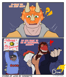 anthro bouquet declaration_of_love dialogue duo embarrassed exclamation_point flower flower_bouquet heart_symbol holding_object male motion_lines plant solo text donisette dinosaur_king_(series) chomp_(dinosaur_king) temtem_(donisette) terry_(dinosaur_king) dinosaur ornithischian pawpawsaurus prehistoric_species reptile saurischian scalie stegosaurian stegosaurus theropod thyreophoran tyrannosaurid tyrannosauroid tyrannosaurus absurd_res comic english_text hi_res