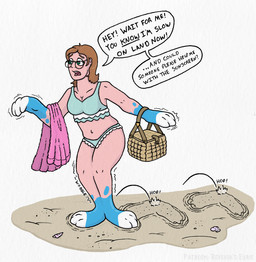 3_fingers 3_toes basket beach bottomwear breasts brown_hair clothing container dialogue feet female fingers flippers frilly frilly_clothing frilly_swimwear fused_legs gloves_(marking) green_bottomwear green_clothing green_eyes green_swimwear green_topwear hair holding_basket holding_container holding_object holding_towel hopping human_to_feral leg_markings limbs_merging markings mid_transformation motion_lines open_mouth pink_towel sand seashell shell simple_background slow_transformation socks_(marking) solo species_transformation speech_bubble swimwear textured_background toes topwear towel transformation wobbling icaron nintendo pokemon brionne generation_7_pokemon humanoid pokemon_(species) hi_res
