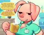 2022 anthro beverage breasts cleavage clothed clothing coffee dialogue domestic_pig english_text female financial_domination lilmoonie mammal mug oinky_(lilmoonie) pink_body pink_skin shirt smile solo suid suina sus_(pig) text topwear unbuttoned_shirt