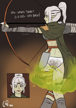 accident anthro bodily_fluids bow_(weapon) butt crying fantasy fart fart_cloud fart_fetish feces female green_body green_skin humanoid_pointy_ears onomatopoeia pointy_ears ranged_weapon scared shaking skid_marks soiled soiled_panties solo sound_effects tears text trembling weapon polapola elf absurd_res hi_res