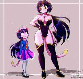 age_difference anthro bare_shoulders black_clothing black_footwear black_shoes boots bottomwear clothed clothing dipstick_tail duo eye_contact female footwear full_cleavage glare hair hand_on_hip high_heeled_boots high_heels legwear leotard long_hair looking_at_another markings mary_janes pink_body pink_skin ponytail pupils purple_boots purple_bottomwear purple_clothing purple_footwear purple_hair purple_skirt red_eyes school_uniform shoes simple_background size_difference skimpy skirt slit_pupils smile stockings strapless_clothing strapless_leotard tail tail_markings text thigh_boots thigh_highs uniform white_clothing white_legwear white_stockings yellow_tail_tip the-butcher-x cassey_(the-butcher-x) domestic_cat felid feline felis mammal 2021 absurd_res hi_res url