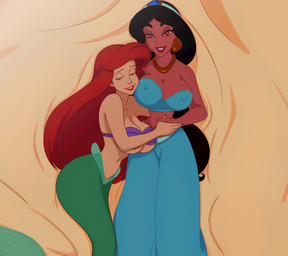 5_fingers alternate_breast_size arabian bed big_breasts big_hair black_hair bottomless bottomless_female bra bra_only breasts cleavage clothed clothed_female clothed_human clothing crown dark_body dark_skin duo erect_nipples eyebrows female female/female female_on_human fin fingers fish_tail fully_clothed fully_clothed_female fully_clothed_human furniture green_tail hair hand_holding headgear human_torso interspecies jewelry lips long_hair looking_at_viewer mermaid_tail narrowed_eyes navel necklace nipple_outline nipples on_bed on_model ponytail pupils purple_bra purple_clothing purple_underwear red_eyes red_hair red_lips red_pupils seashell_bra split_form tail tail_fin tiara underwear underwear_only inusen disney disney's_aladdin disney_princess the_little_mermaid_(1989) ariel_(disney) princess_jasmine_(disney) aquatic human humanoid_merfolk mammal merfolk crossover source_request