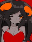 big_breasts black_hair blush breasts cleavage clothed clothing dress female front_view grey_body grey_skin hair head_tilt horn long_hair looking_at_viewer not_furry one_eye_closed orange_sclera red_background red_clothing red_dress simple_background solo wink omotiegg homestuck ms_paint_adventures aradia_megido alien horned_humanoid humanoid troll_(homestuck) 3:4 half-length_portrait hi_res portrait