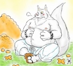 anthro biped black_nose blush clothing fluffy fluffy_tail footwear fur male moobs navel nipples outside overweight overweight_anthro overweight_male sandals shoes sitting solo tail teeth white_body white_fur pochitatsu gingitsune gintaro canid canine fox mammal