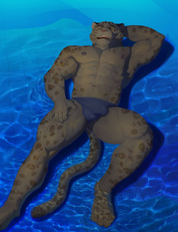 abs anthro biceps bulge clothing detailed_bulge fur leopard_spots male markings melanistic muscular muscular_male nipples partially_submerged solo speedo spots spotted_body spotted_fur spotted_markings spotted_tail swimwear tail tail_markings water yellow_eyes red8ean felid feline leopard mammal pantherine hi_res