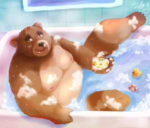 anthro bathing bathtub belly black_nose detailed_background humanoid_hands inside kemono male moobs nipples overweight overweight_male solo steam water pandaj_(artist) bear mammal 2025