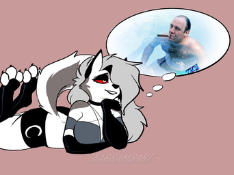 anthro armwear big_breasts black_bottomwear black_choker black_clothing black_jewelry black_necklace black_shorts bottomwear breasts choker clothed clothing crop_top curvy_figure elbow_gloves eyelashes feet female fingerless_gloves fluffy fluffy_tail fur gloves grey_body grey_fur grey_hair hair hair_over_eye handwear hindpaw jewelry long_hair long_tail lying midriff multicolored_body multicolored_fur necklace off_shoulder on_front paws red_sclera shirt shorts simple_background smile solo tail text thick_thighs thought_bubble topwear two_tone_body two_tone_fur white_body white_eyes white_fur aabramsart hellaverse helluva_boss mythology the_sopranos loona_(helluva_boss) tony_soprano canid canid_demon canine demon hellhound mammal mythological_canine mythological_creature 2025 artist_name digital_drawing_(artwork) digital_media_(artwork) hi_res watermark