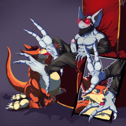 anthro balls beard bodily_fluids chair duo eyewear facial_hair feet foot_fetish foot_lick furniture genital_fluids genitals goggles grey_body humanoid_genitalia humanoid_penis licking male male/male orange_body overweight panel_skew penis precum red_eyes simple_background throne tongue lazaxus wildstar gusho chua 1:1 absurd_res hi_res