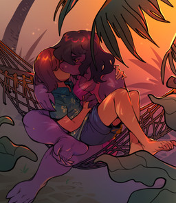 5_fingers 5_toes aloha_shirt ambiguous_gender anthro arm_around_shoulders bangs barefoot beach blush bottomwear breasts brown_hair claws cleavage clothed clothing crossed_legs duo feet female female/ambiguous fingers freckles hair half-closed_eyes hammock hand_holding hand_on_shoulder human_on_anthro interspecies kissing larger_female leaf long_hair nails narrowed_eyes on_lap outside palm_tree pattern_clothing pattern_shirt pattern_topwear plant purple_body purple_skin romantic romantic_ambiance romantic_couple sand seaside shirt short_tail shorts shrub sitting size_difference smaller_ambiguous soles sunset tail tail_motion tailwag tan_body tan_skin tank_top toenails toes topwear tree yellow_sclera glacierclear deltarune undertale_(series) kris_dreemurr susie_(deltarune) dinosaur human humanoid mammal monster prehistoric_species reptile scalie 2022 absurd_res digital_media_(artwork) hi_res