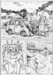 anthro bare_chest barefoot barn bear belly black_and_white bottomless building car clothed clothing coat comic engine eyewear feet furryrevolution glasses hi_res house male mammal monochrome open_clothing open_coat open_topwear outside path plant plantigrade sketch smoke solo standing topwear tractor tree vehicle