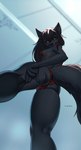 2017 amber_eyes anthro black_body black_fur black_hair bra breasts butt canid canine canis clothed clothing digital_media_(artwork) ear_piercing female fur hair hi_res highlights_(coloring) lingerie looking_at_viewer mammal panties piercing red_clothing red_highlights shaded sianna smiju solo thick_thighs underwear wolf