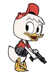 4_fingers anthro beak biped bulletproof_vest clothing dot_eyes feathers fingers gun handgun hat headgear headwear kneeling male open_mouth pose ranged_weapon shirt simple_background simple_eyes solo standing topwear weapon white_background white_body white_feathers flowerpigeon73 disney ducktales ducktales_(2017) huey_duck anatid anseriform avian bird duck 2017 digital_media_(artwork)