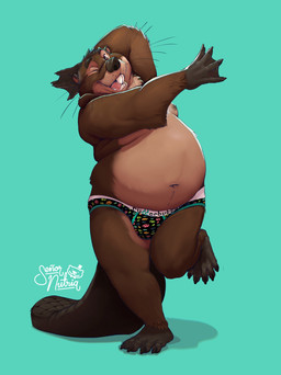 anthro belly blue_body brown_body bulge clothing male moobs navel nipples one_eye_closed overweight overweight_male solo standing underwear wink senor_nutria rudderbutts beaver mammal rodent 2025 hi_res