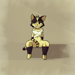 anthro bandage biped blue_hair blush bottomless brown_eyes clothed clothing convenient_censorship egyptian egyptian_clothing female fur hair looking_aside markings simple_background sitting smile solo spread_legs spreading striped_markings striped_tail stripes tail tail_censorship tail_markings uraeus yellow_body yellow_fur erijt animal_crossing nintendo ankha_(animal_crossing) domestic_cat felid feline felis mammal 1:1 2015 censored hi_res