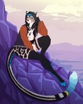 anthro biped breasts clothed clothing female fluffy fluffy_tail high_place horn mountain nipples nude paws pose sitting solo tail sunny_way cheetah felid feline mammal 2022 colored digital_media_(artwork) flat_colors full-length_portrait hi_res pinup portrait restricted_palette