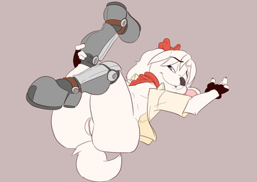 accessory anthro bent_arm bent_leg blue_eyes bottomless bow_(feature) bow_accessory bow_ribbon breasts butt centered_hair_bow claws clothed clothing cybernetics extended_leg female forearms fur genitals hair_accessory hair_bow hair_ribbon hand_on_calf hand_on_leg hand_on_own_calf hand_on_own_leg head_turned holding_calf holding_leg jacket knock-kneed legs_in_air legs_up lying machine nipples on_back open_clothing open_shirt open_topwear pink_nipples presenting presenting_hindquarters prosthetic raised_arm raised_hand ribbons scarf shirt simple_background solo topwear vulva white_body white_fur eli_the_dog nintendo star_fox fay_(star_fox) bird_dog canid canine canis domestic_dog hunting_dog mammal spaniel
