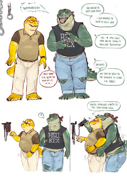 anthro anthro_on_anthro aroused bdsm belly blush bottomwear bulge clothing collar denim denim_bottomwear denim_clothing dialogue duo erection erection_under_clothing eyewear facial_piercing floating_eyebrows glasses green_body green_scales jeans leash leashed_collar male male/male mature_male musclegut muscular muscular_anthro muscular_male nose_piercing overweight overweight_anthro overweight_male pants piercing scales shirt speech_bubble t-shirt tank_top text topwear torn_bottomwear torn_clothing torn_jeans torn_pants wearing_glasses banana_da_boi crocodile crocodilian lizard reptile scalie absurd_res english_text hi_res