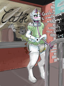 anthro bodily_fluids cafe collar diaper exhibitionism genital_fluids group leash male public soiled_diaper solo_focus trio unclean_diaper urine used_diaper wet_diaper wetness_indicator sonpop background_character hybrid 3:4 absurd_res hi_res