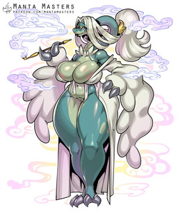 anthro areola areola_slip big_breasts breasts claws clothing eyewear female glasses green_body hair huge_breasts kiseru looking_at_viewer navel pink_eyes robe serpentine simple_background smoking smoking_pipe solo tan_hair text thick_thighs wearing_glasses mantamasters-art mythology nintendo pokemon dragon drampa generation_7_pokemon mythological_creature mythological_scalie pokemon_(species) reptile scalie snake 5:6 hi_res signature url