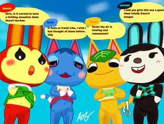 anthro blush bottom_view bottomwear clothed clothing clothing_lift dialogue female good_girl group looking_down outside provocative raised_bottomwear raised_clothing raised_skirt skirt skirt_lift speech_bubble standing text provo rob-posa animal_crossing nintendo bunnie_(animal_crossing) carmen_(animal_crossing) el rosie_(animal_crossing) tangy_(animal_crossing) felid feline lagomorph mammal english_text hi_res