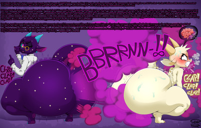 anthro big_butt bow_tie butt duo eyewear fart fart_cloud fart_fetish glasses huge_butt male male/male mind_break orgasm orgasm_face purple_fart_cloud simple_background tired twerking skunk_bunk chikn_nuggit mythology fwench_fwy_(chikn_nuggit) dragon mythological_creature mythological_scalie scalie absurd_res hi_res watermark